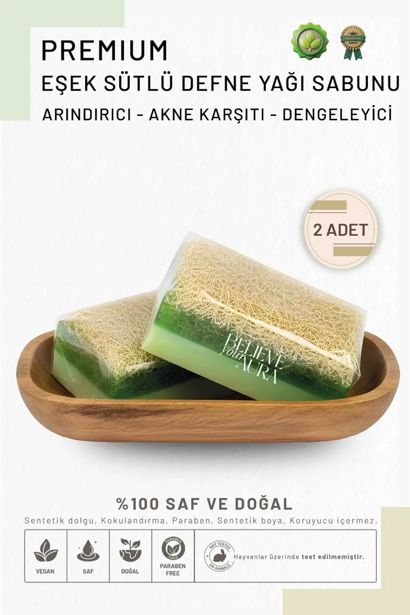Believe Your Aura Eşek Sütlü Defne Yağı Sabunu - Doğal Kabak Lifli Akne Karşıtı Arındırıcı Dengeleyici KASDFN250-ES