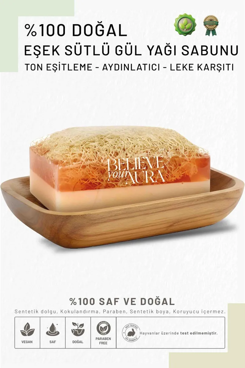 Believe Your Aura Eşek Sütlü Gül Yağı Sabunu - Doğal Kabak Lifli Ton Eşitleyici Leke Karşıtı Gül Sabunu KASGUL400-ES