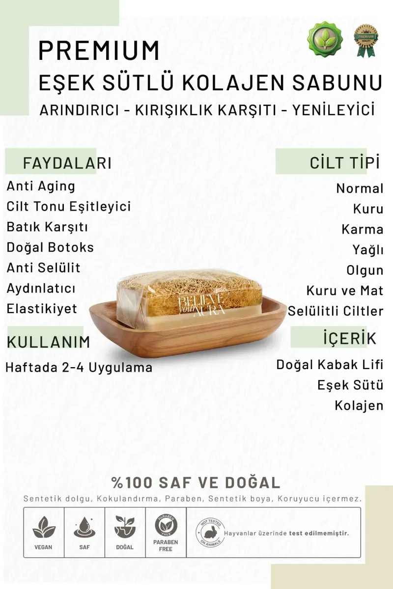 Believe Your Aura Eşek Sütlü Kolajen Sabunu - %100 Doğal Kabak Lifli Eşek Sütlü El Yapımı Kolajen Sabunu KASKOL605-ES