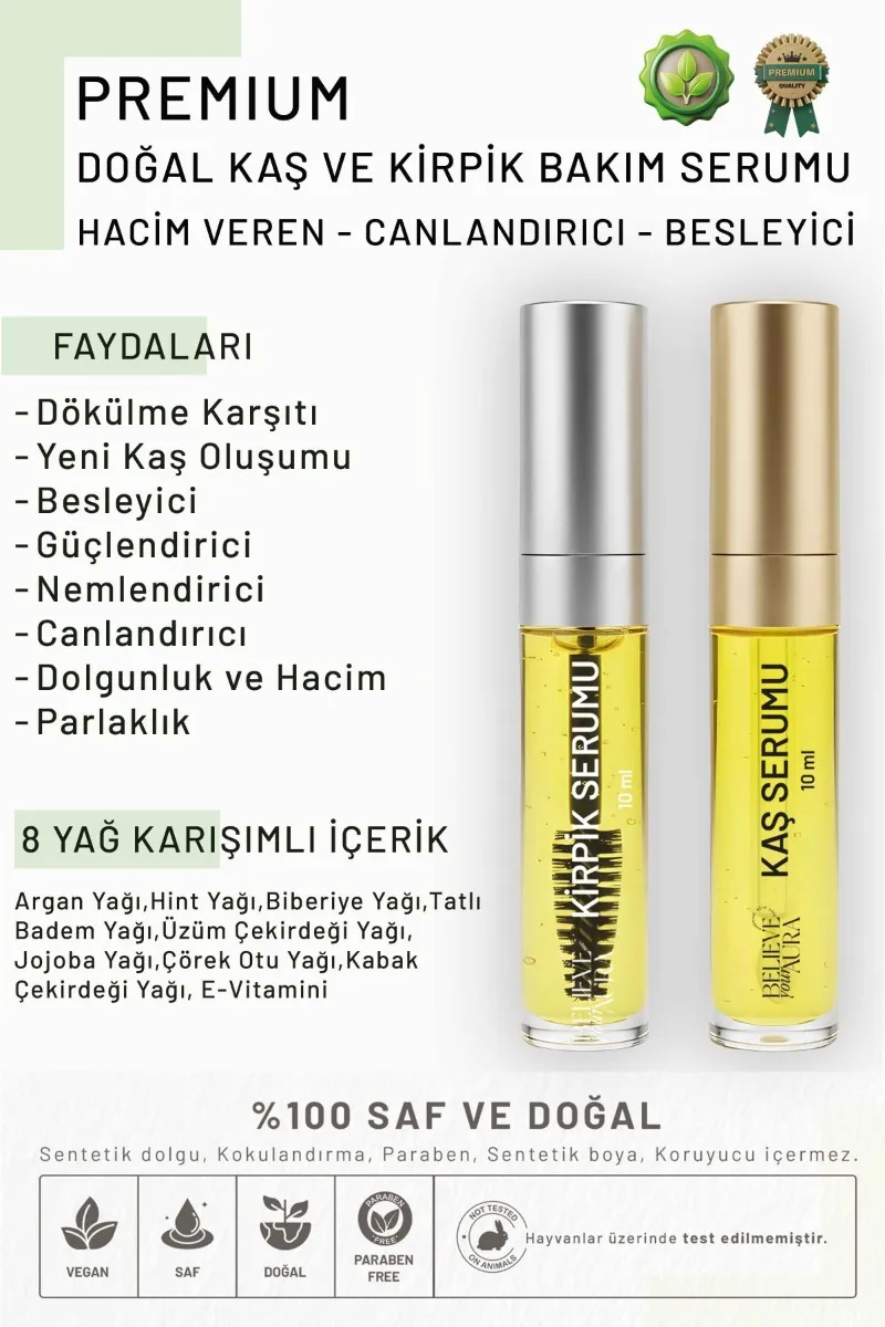 Believe Your Aura Kaş ve Kirpik Serumu - Argan ve Biberiye Yağlı E Vitaminli Doğal Kaş ve Kirpik Bakım Yağı - 2x10 ml KASKRPSRM