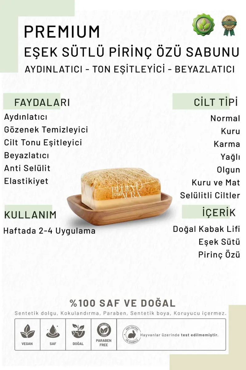 Believe Your Aura Eşek Sütlü Pirinç Özü Sabunu - %100 Doğal Kabak Lifli Eşek Sütlü El Yapımı Pirinç Özü Sabunu KASPOZ853-ES