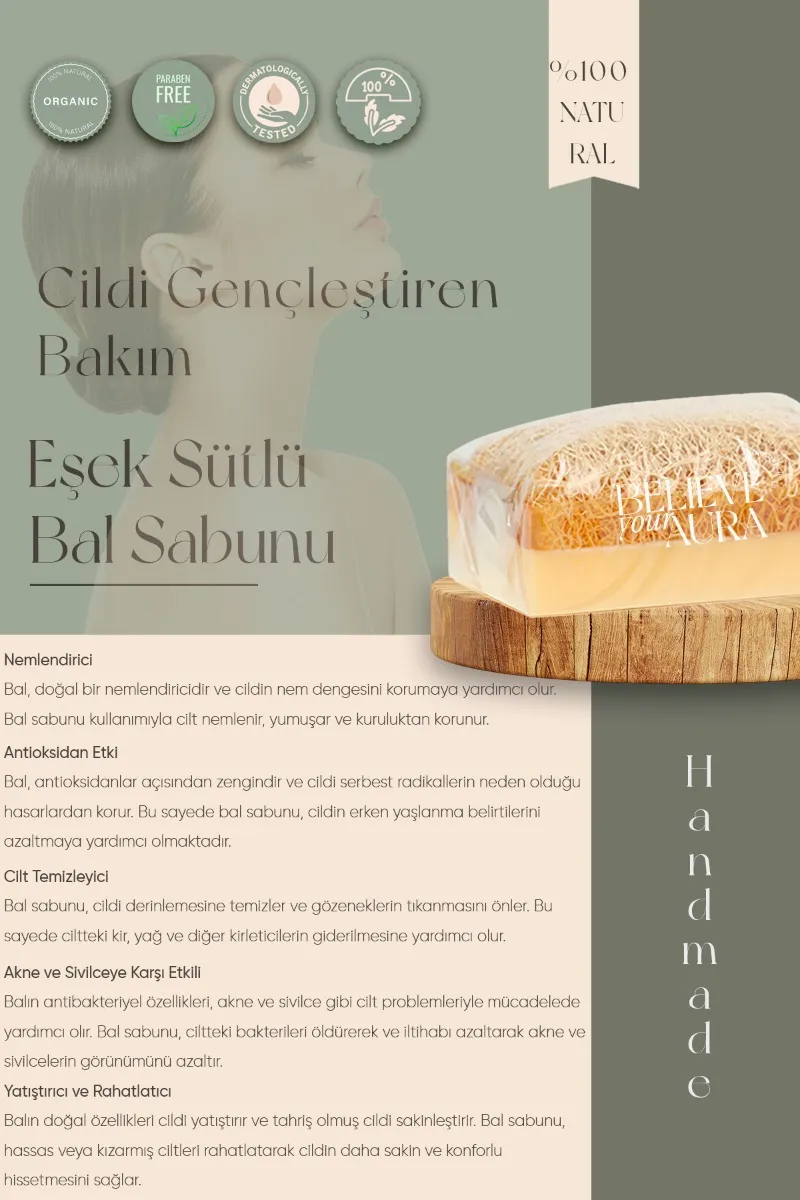 Believe Your Aura Doğal Kabak Lifli Eşek Sütlü Bal ve Keçi Sütlü Aloe Vera Sabunu 2'li Exculisive Set KLESSETALOEBAL-2