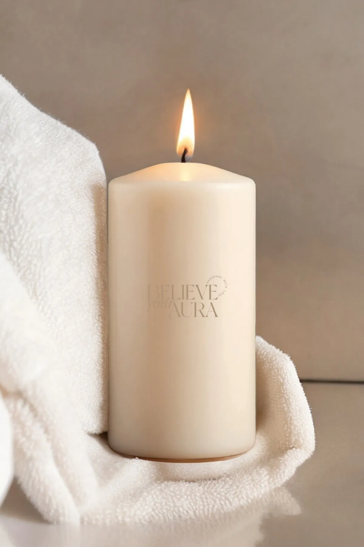 Believe Your Aura Pudra Kokulu %100 Doğal Soya Mumu Silindir Beyaz Dekoratif Mum - KLM202-10-25