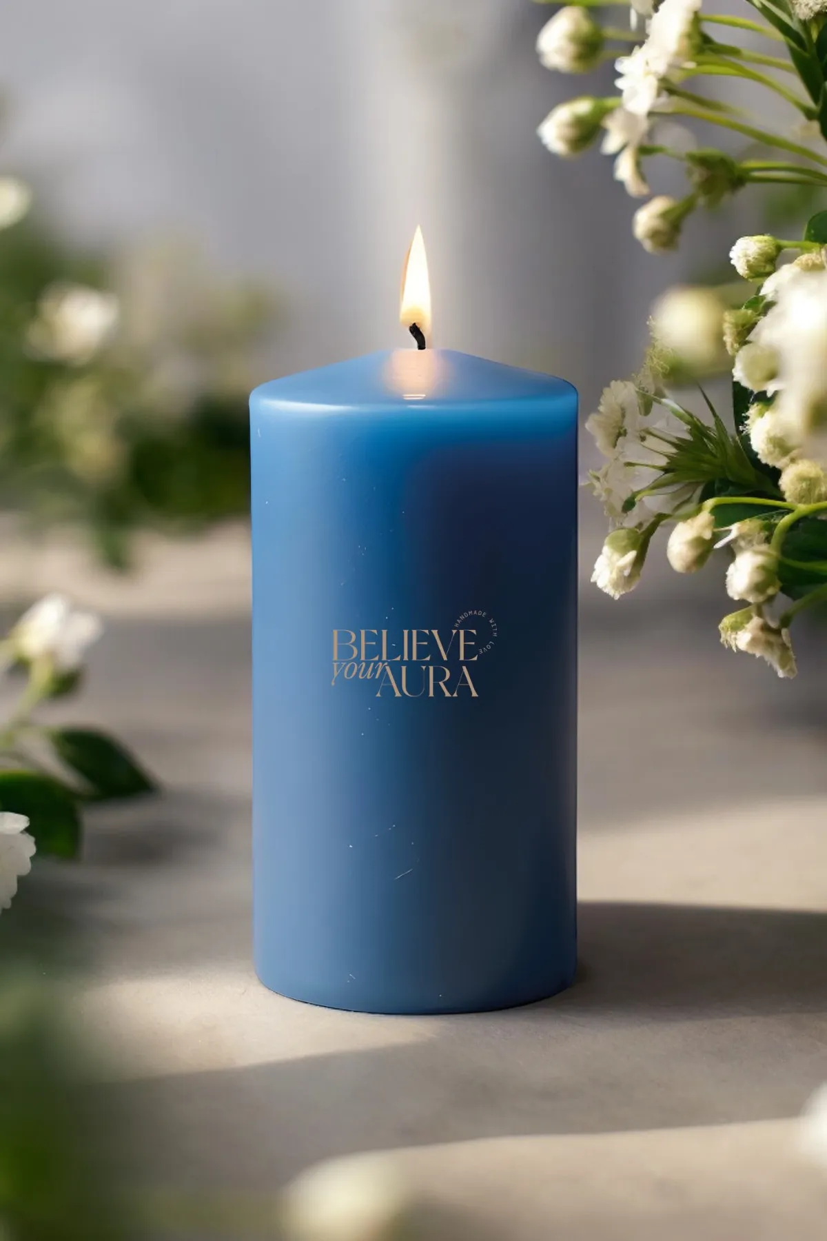 Believe Your Aura Okyanus Kokulu %100 Doğal Soya Mumu Silindir Mavi Dekoratif Mum - KLM202-12-25