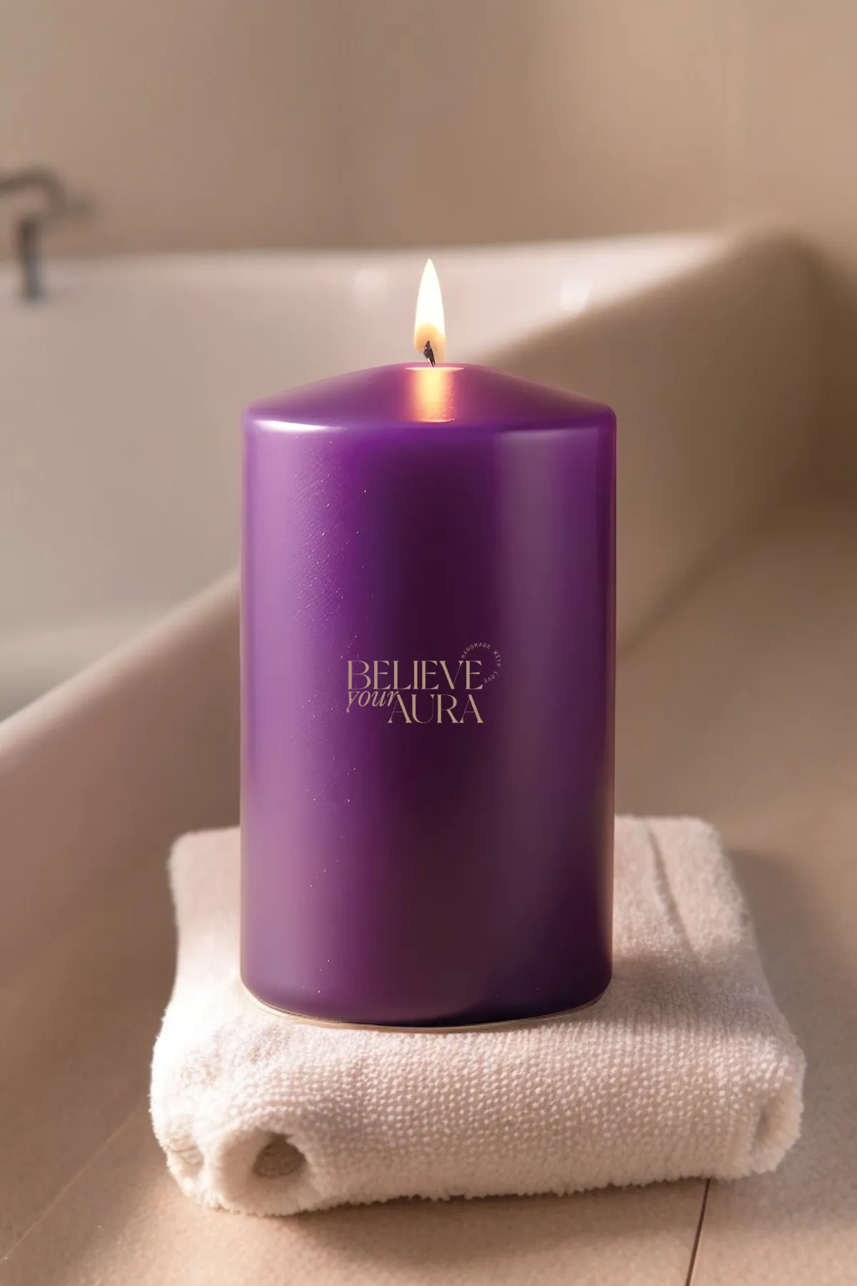 Believe Your Aura Lavanta Kokulu %100 Doğal Soya Mumu Silindir Mor Dekoratif Mum - KLM202-14-25
