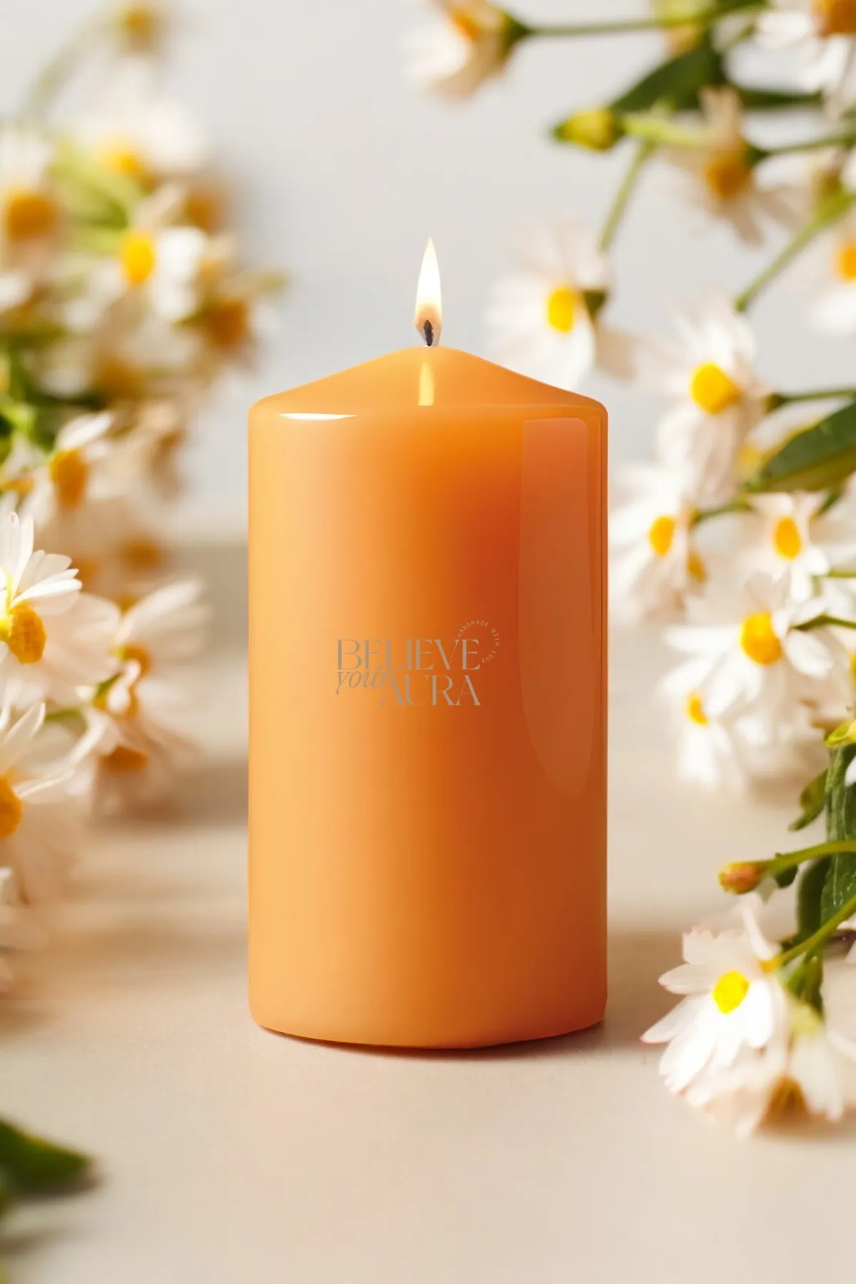 Believe Your Aura Portakal Çiçeği Kokulu %100 Doğal Soya Mumu Silindir Turuncu Dekoratif Mum - KLM202-16-25