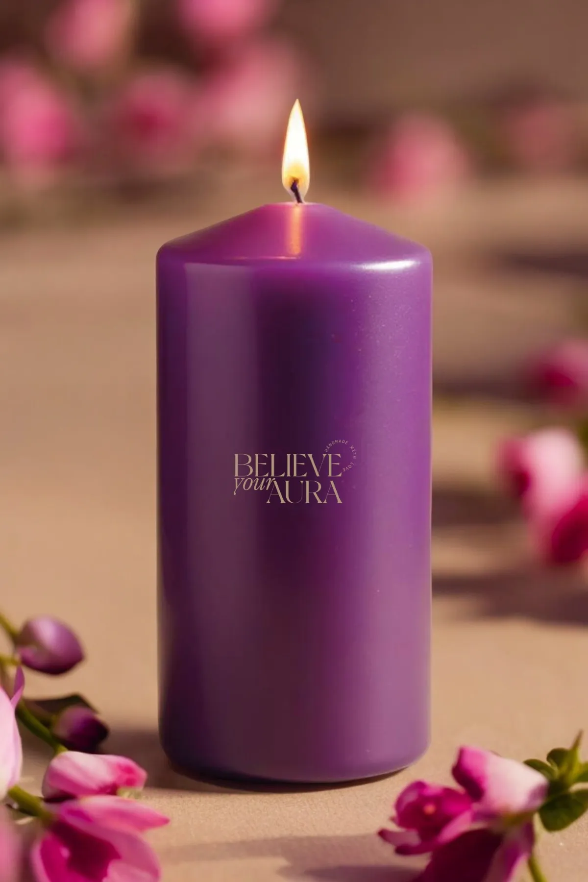 Believe Your Aura Lavanta Kokulu %100 Doğal Soya Mumu Silindir Mor Dekoratif Mum - KLM203-14-24