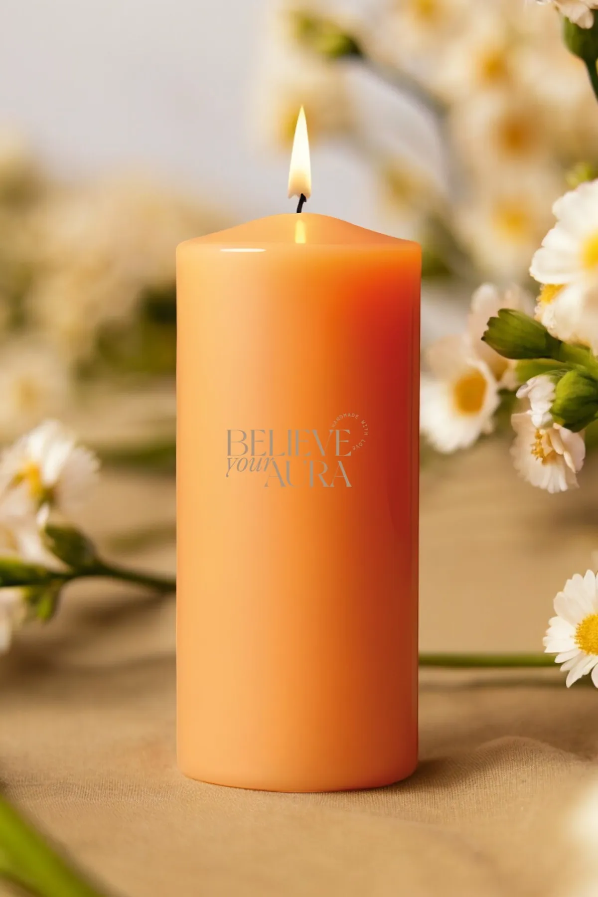 Believe Your Aura Portakal Çiçeği Kokulu %100 Doğal Soya Mumu Silindir Turuncu Dekoratif Mum - KLM203-16-24