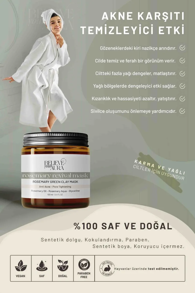Believe Your Aura Rosemary Revival Mask - %100 Doğal Biberiye Yağı Arındırıcı Gözenek Sıkılaştırıcı Yeşil Kil Maskesi -KMYSKBBR-100