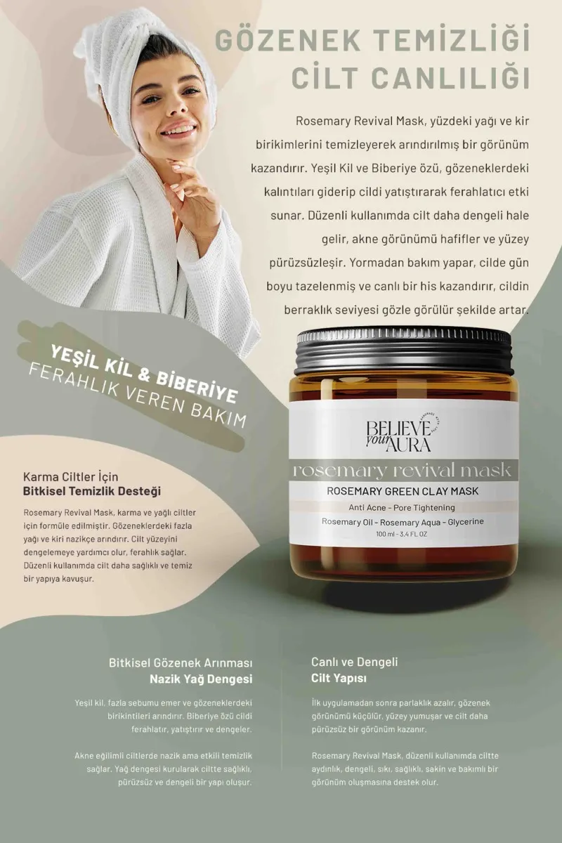 Believe Your Aura Rosemary Revival Mask - %100 Doğal Biberiye Yağı Arındırıcı Gözenek Sıkılaştırıcı Yeşil Kil Maskesi -KMYSKBBR-100