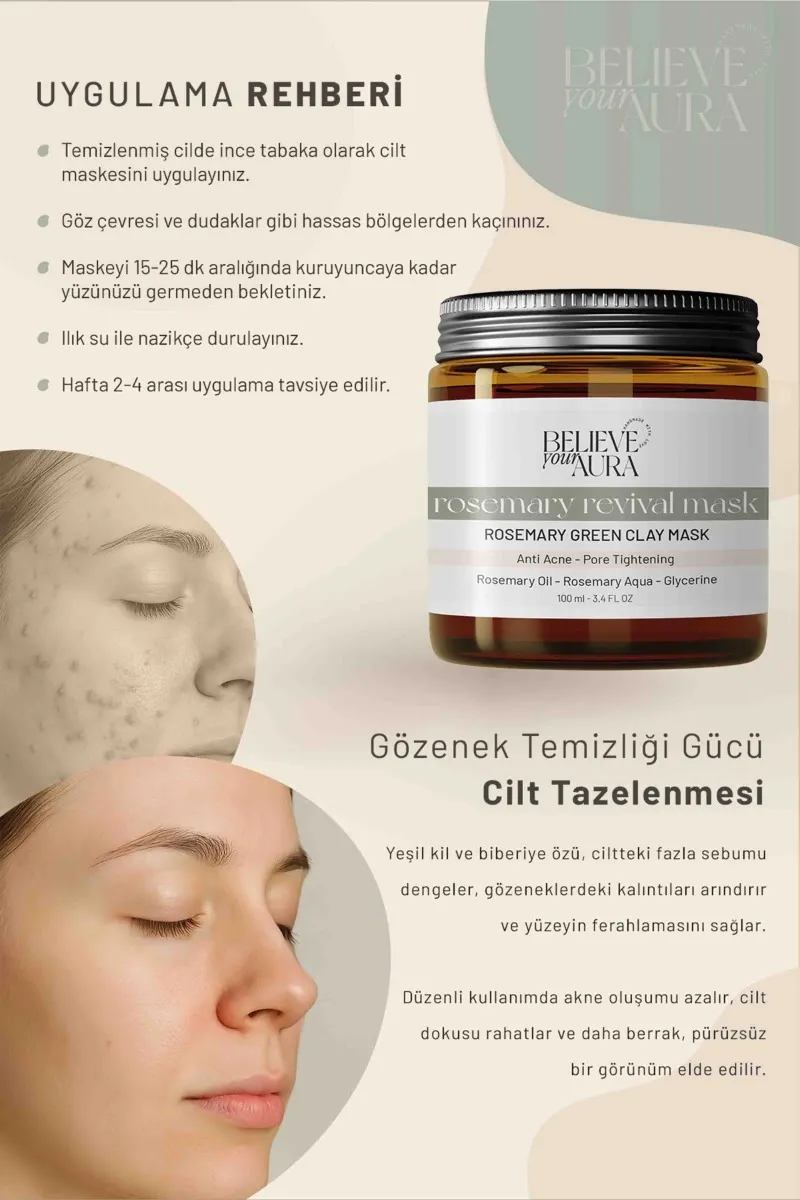 Believe Your Aura Rosemary Revival Mask - %100 Doğal Biberiye Yağı Arındırıcı Gözenek Sıkılaştırıcı Yeşil Kil Maskesi -KMYSKBBR-100