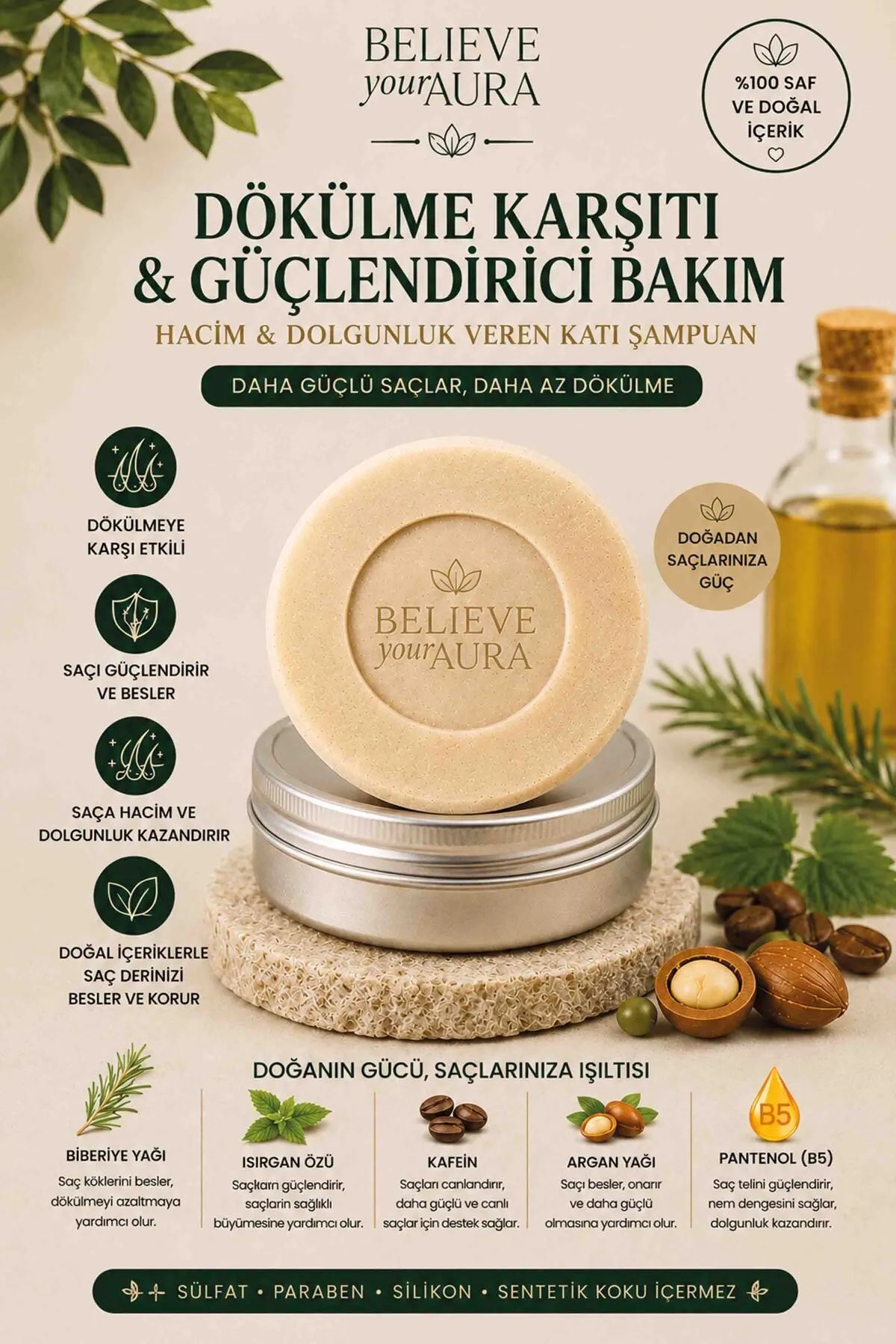 Dökülme Karşıtı Güçlendirici Katı Şampuan - %100 Doğal Biberiye Yağı Argan Yağı ve Provitamin B5 - 100 gr KSHMP03-100