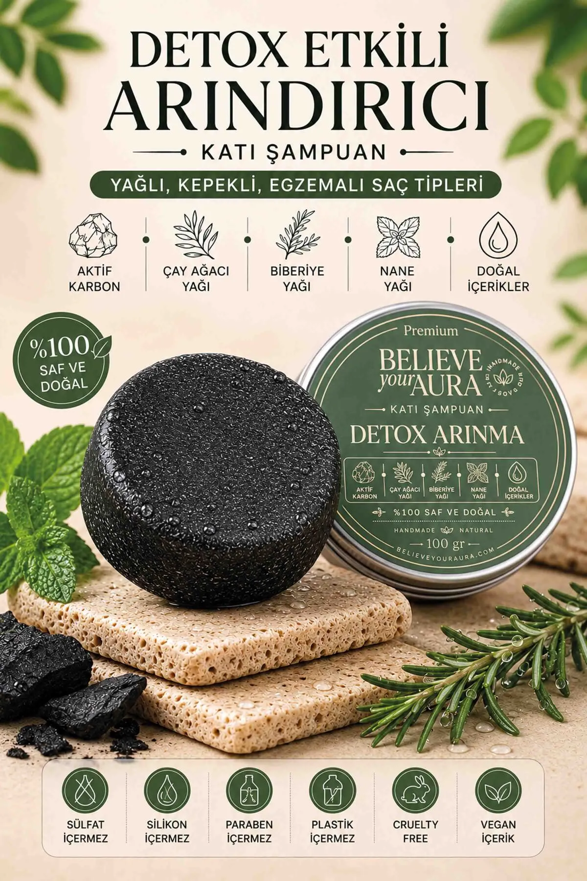 Detox Arındırıcı Katı Şampuan - %100 Doğal Bitkisel Keratin Aktif Karbon E Vitamini Panthenol Kepekli Yağlı Saçlar - 100 gr KSHMP04-100