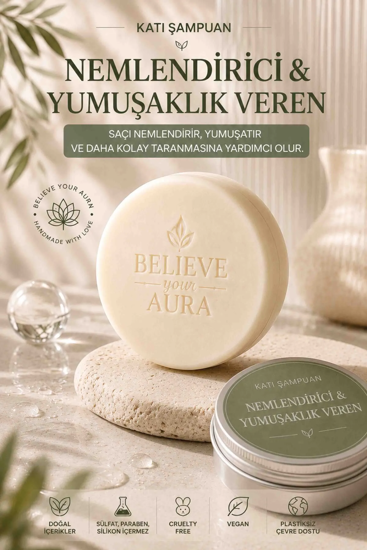 Derin Nemlendirici Yumuşatıcı Katı Şampuan - Kuru ve Kepekli Saçlar İçin Argan Yağı Aloe Vera E-Vitamini Provitamin B5 - 100 gr KSHMP06-100