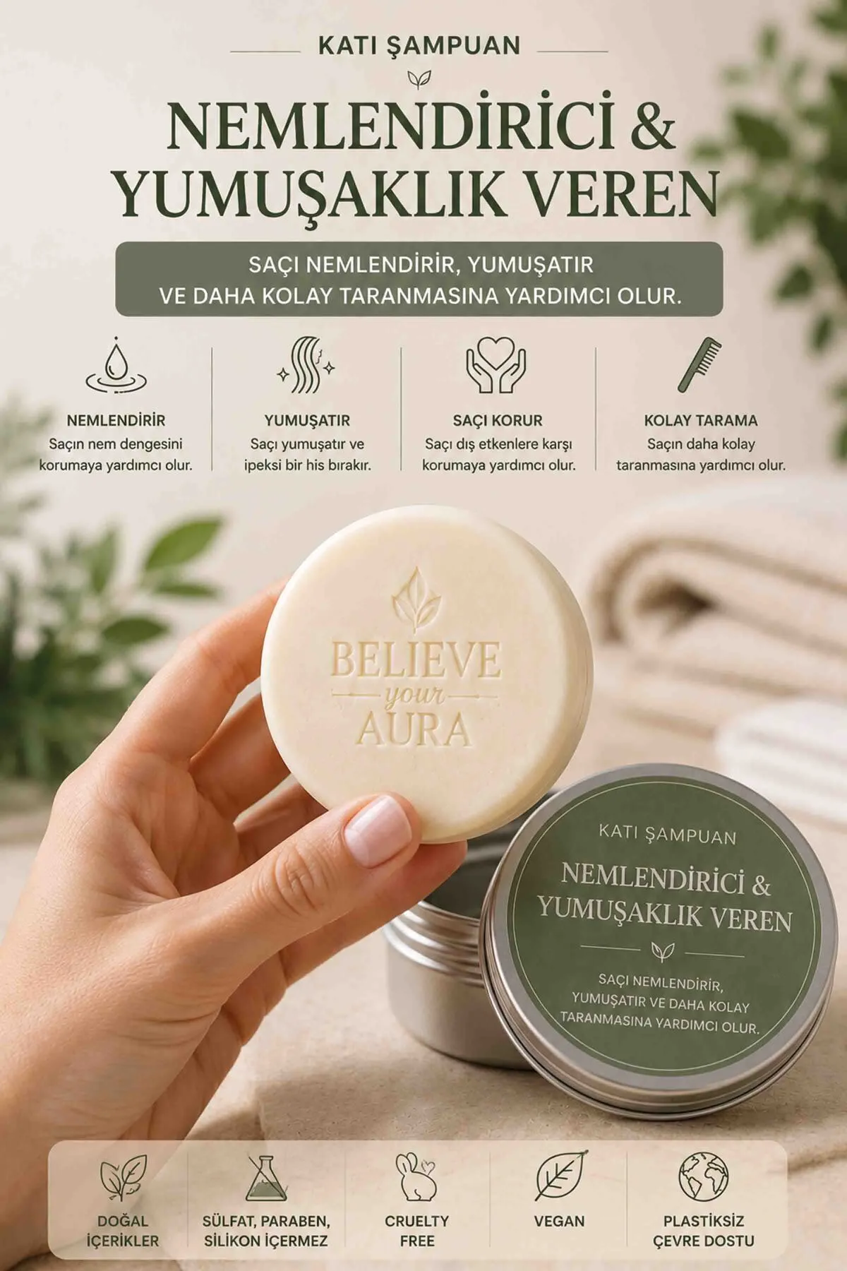 Derin Nemlendirici Yumuşatıcı Katı Şampuan - Kuru ve Kepekli Saçlar İçin Argan Yağı Aloe Vera E-Vitamini Provitamin B5 - 100 gr KSHMP06-100