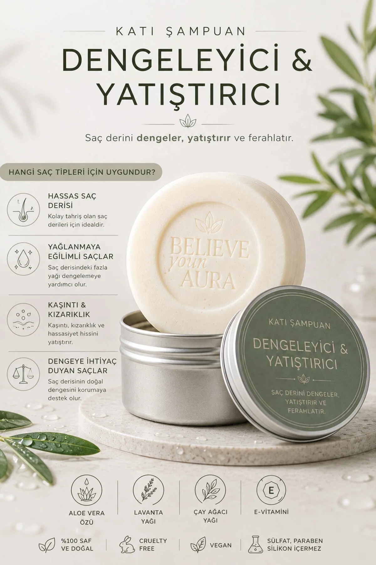 Dengeleyici Yatıştırıcı Katı Şampuan - %100 Doğal Hassas ve Yağlı Saçlar İçin Çay Ağacı Yağı E-Vitamini Aloe Vera - 100 gr KSHMP07-100