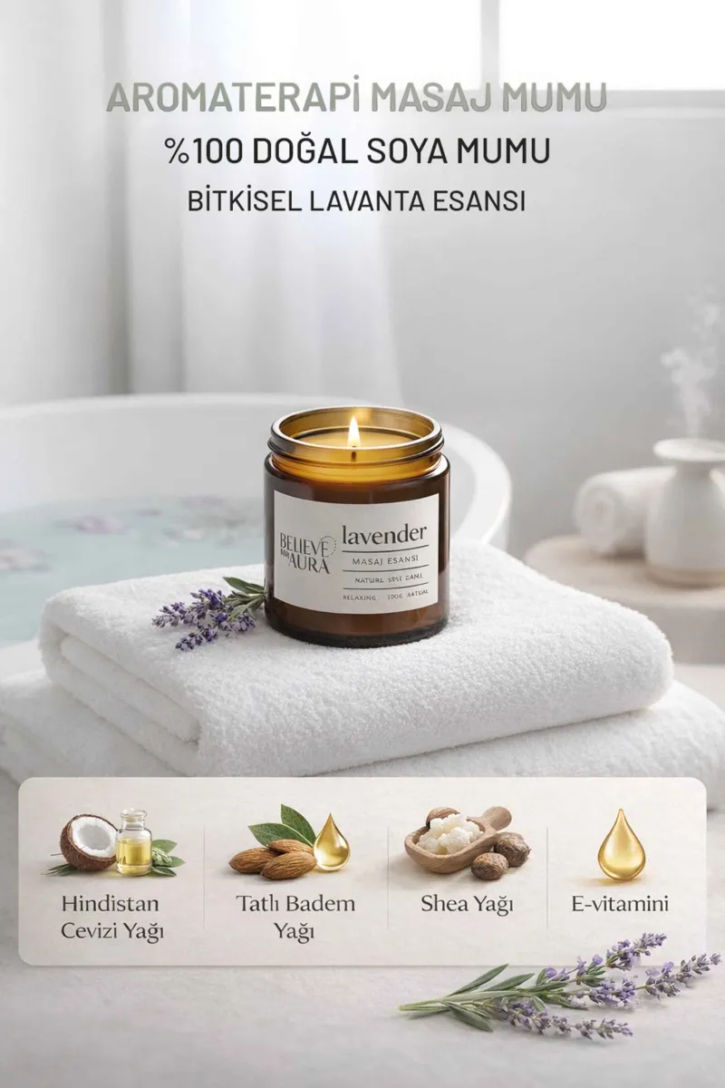 Believe Your aura Lavanta Kokulu Masaj Mumu - %100 Saf ve Doğal Hindistan Cevizi ve Shea Yağı Spa Masaj Mumu - MARMKAV001-10-LVN
