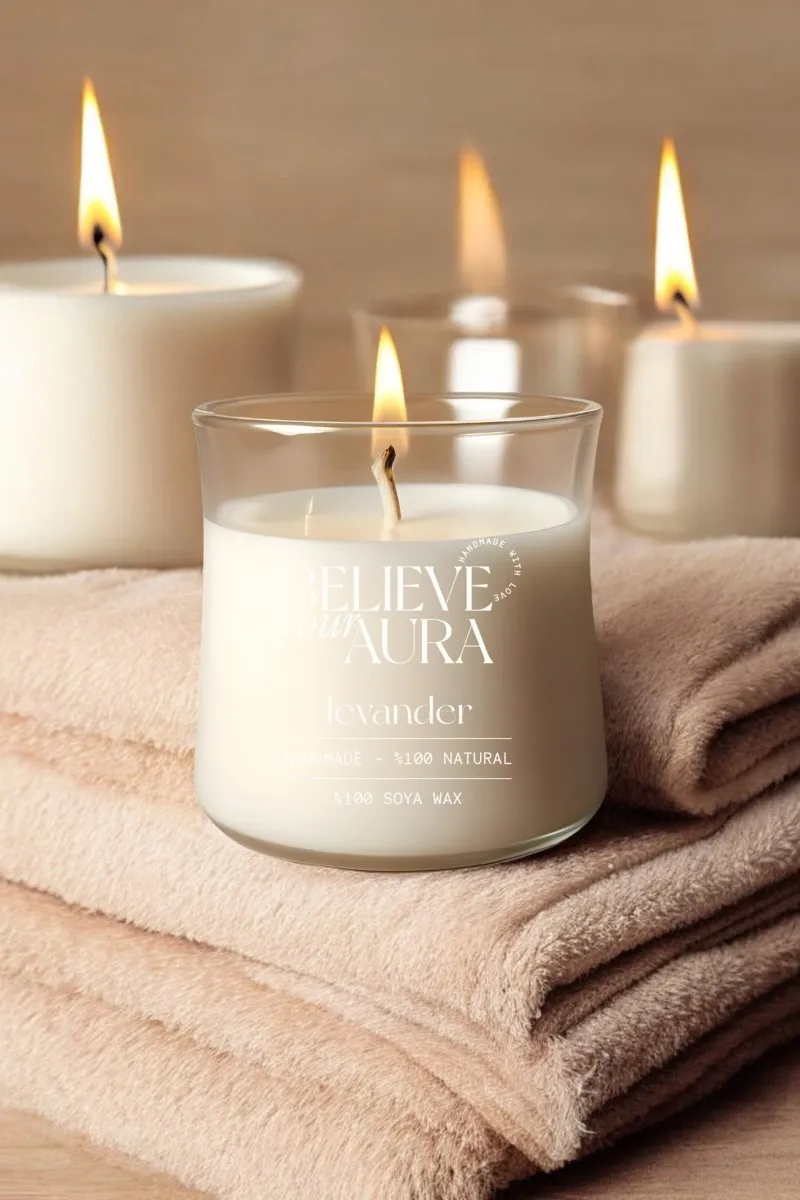 Believe Your Aura Lavanta Kokulu Mum - %100 Doğal Soya Mumu Aromaterapi ve Dekoratif Kokulu Bardak Mum -MBSBRD02510-LVN