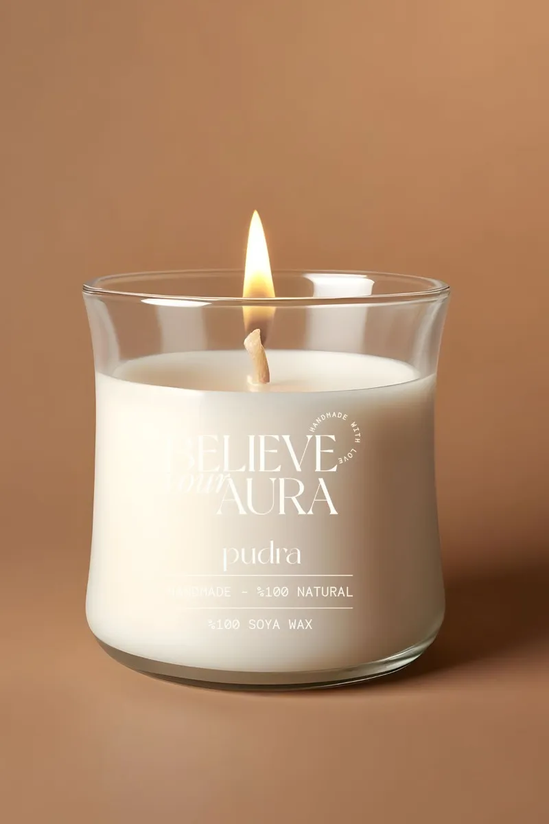 Believe Your Aura Pudra Kokulu Mum - %100 Doğal Soya Mumu Aromaterapi ve Dekoratif Kokulu Bardak Mum - MBSBRD02510-PDR
