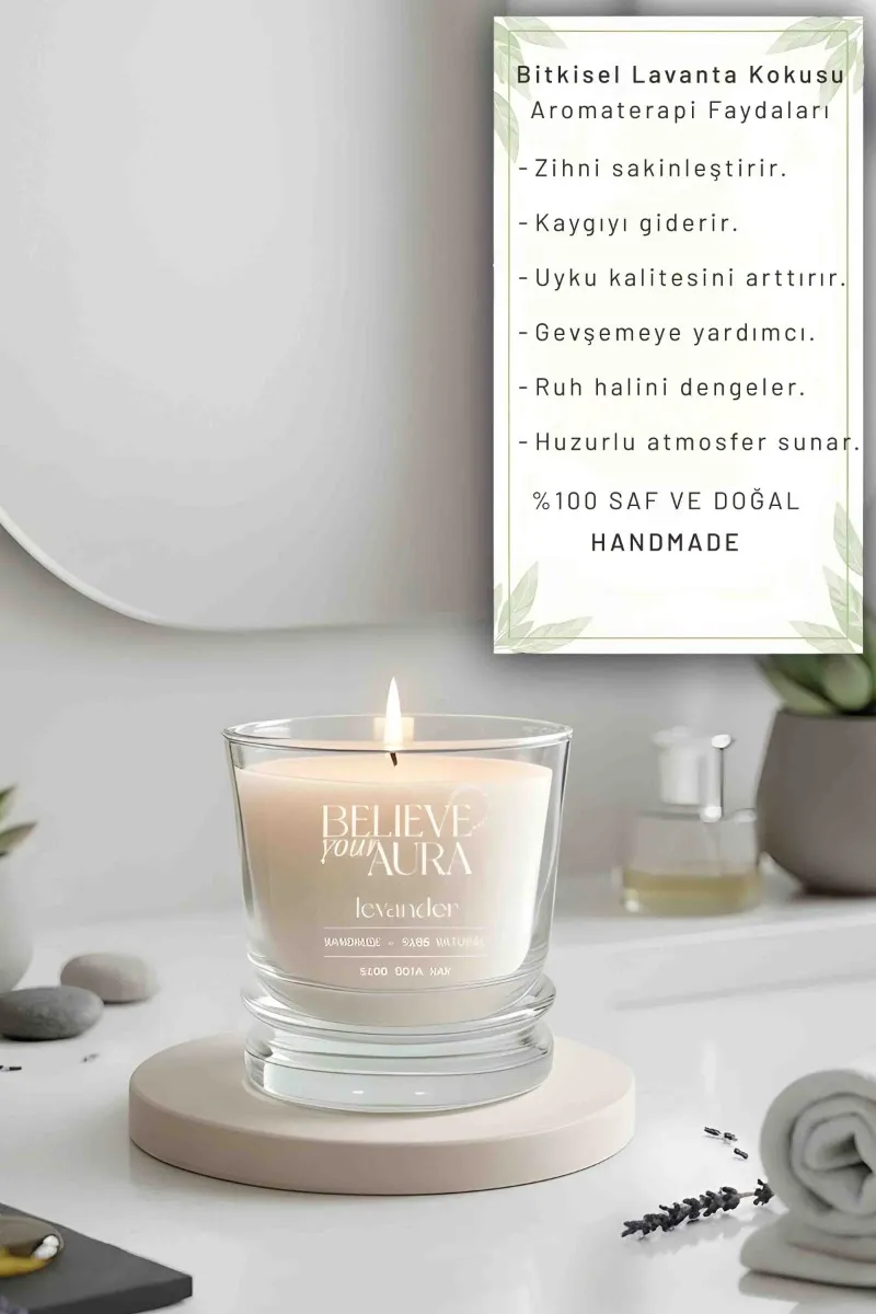 Believe Your Aura Lavanta Kokulu Bardak Mum - %100 Doğal Soya Mumu Aromaterapi Bardak Mum MBSBRD02610-LVN