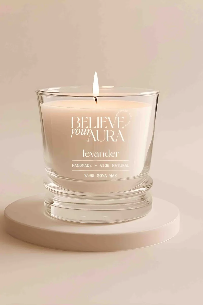 Believe Your Aura Lavanta Kokulu Bardak Mum - %100 Doğal Soya Mumu Aromaterapi Bardak Mum MBSBRD02610-LVN