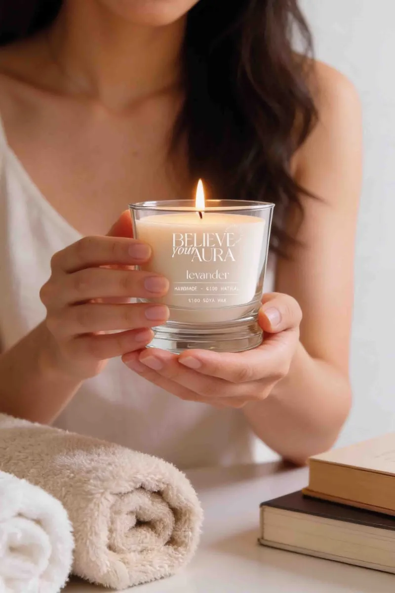 Believe Your Aura Lavanta Kokulu Bardak Mum - %100 Doğal Soya Mumu Aromaterapi Bardak Mum MBSBRD02610-LVN