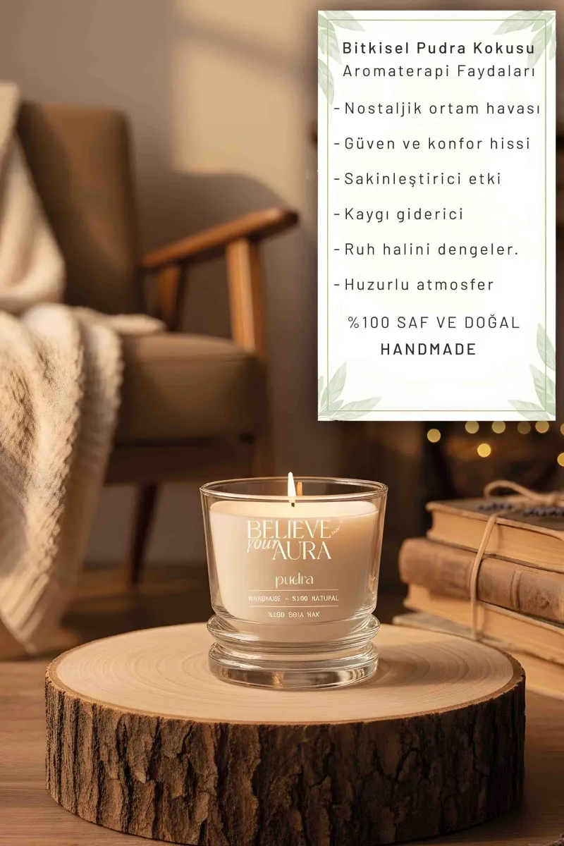 Believe Your Aura Pudra Kokulu Bardak Mum - %100 Doğal Soya Mumu Aromaterapi Bardak Mum MBSBRD02610-PDR