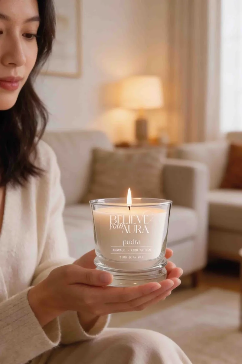 Believe Your Aura Pudra Kokulu Bardak Mum - %100 Doğal Soya Mumu Aromaterapi Bardak Mum MBSBRD02610-PDR