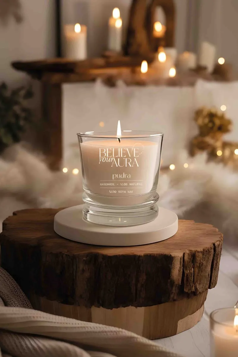 Believe Your Aura Pudra Kokulu Bardak Mum - %100 Doğal Soya Mumu Aromaterapi Bardak Mum MBSBRD02610-PDR