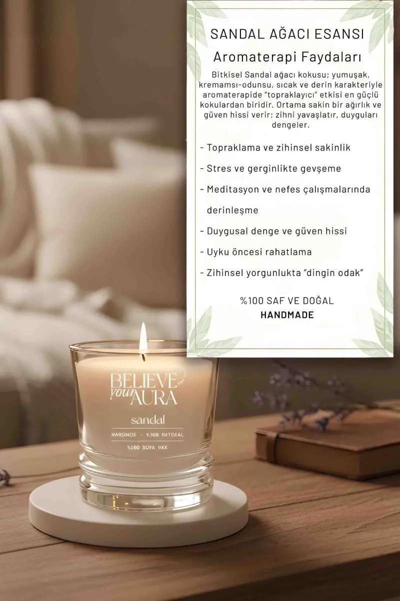 Believe Your Aura Sandal Ağacı Kokulu Mum - %100 Doğal Soya Mumu Aromaterapi Bardak Mum MBSBRD02610-27