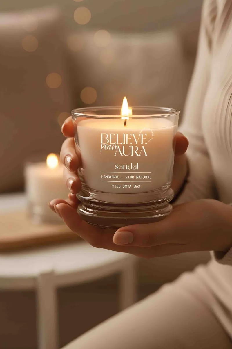 Believe Your Aura Sandal Ağacı Kokulu Mum - %100 Doğal Soya Mumu Aromaterapi Bardak Mum MBSBRD02610-27