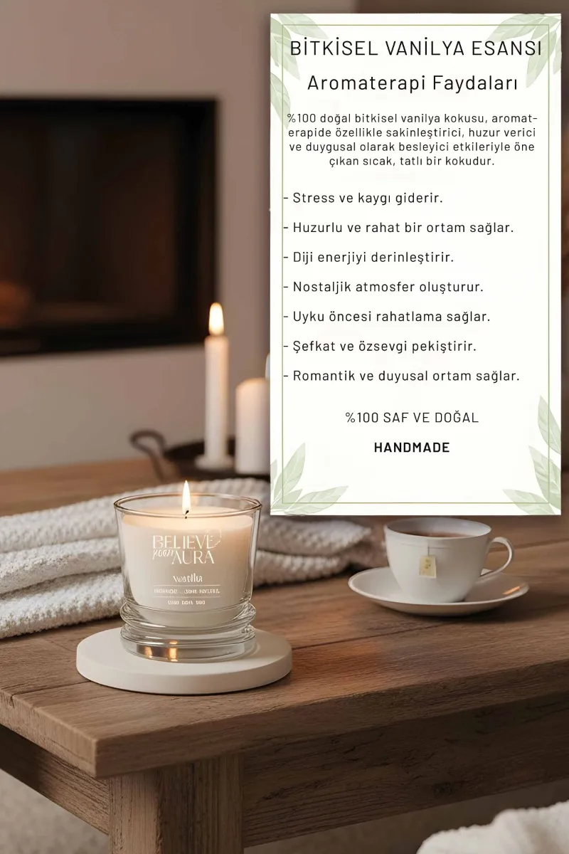 Believe Your Aura Vanilya Kokulu Bardak Mum - %100 Doğal Soya Mumu Aromaterapi Bardak Mum MBSBRD02610-VNL