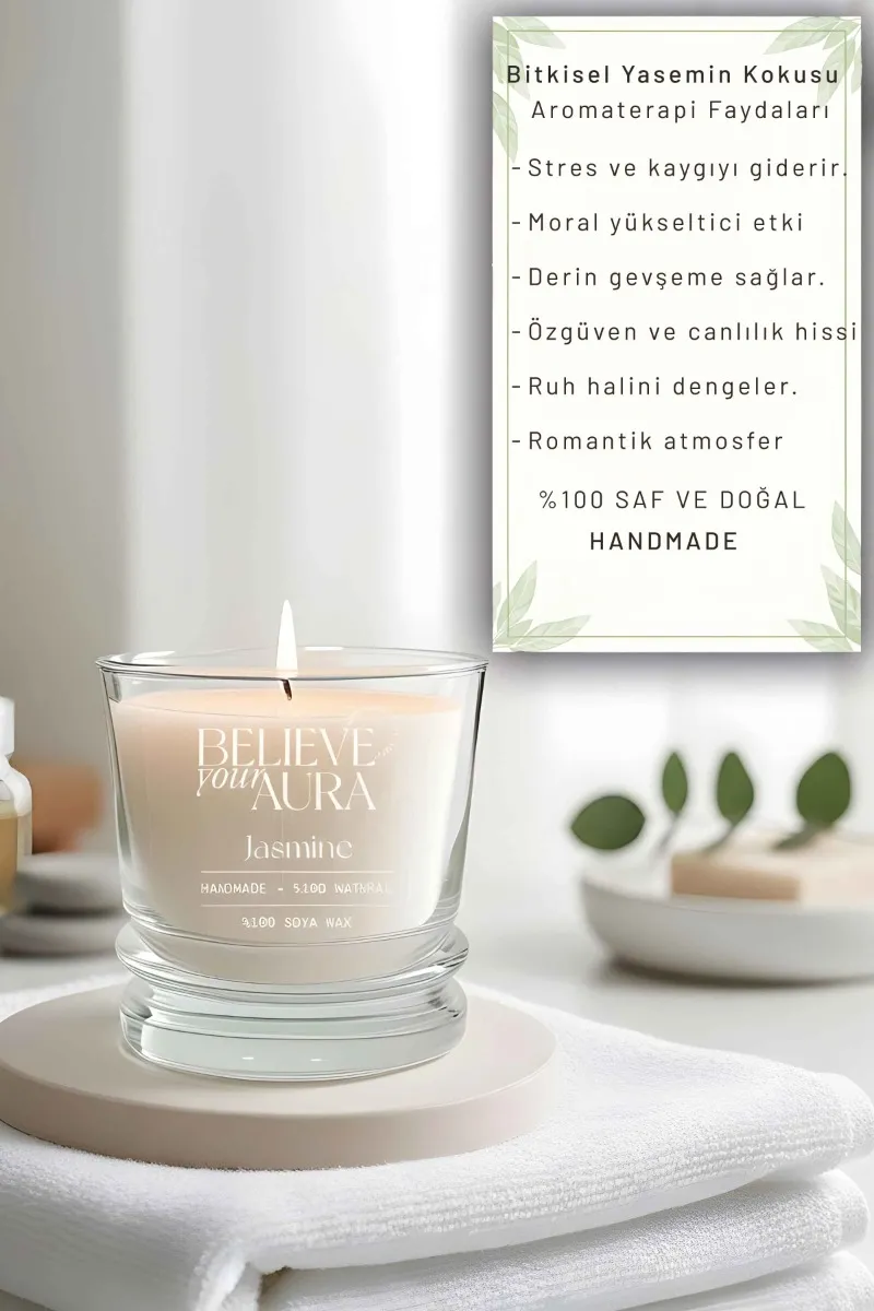 Believe Your Aura Yasemin Kokulu Bardak Mum - %100 Doğal Soya Mumu Aromaterapi Bardak Mum-MBSBRD02610-YSM