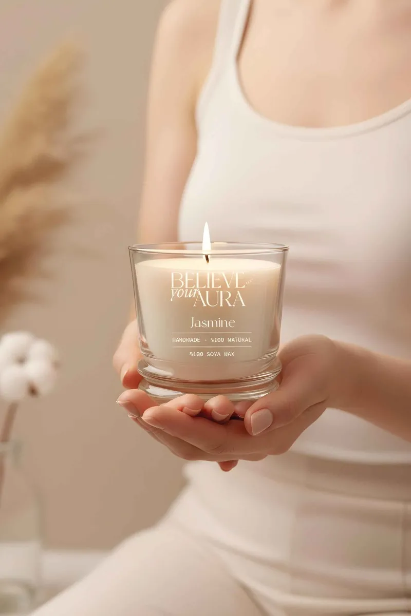 Believe Your Aura Yasemin Kokulu Bardak Mum - %100 Doğal Soya Mumu Aromaterapi Bardak Mum-MBSBRD02610-YSM