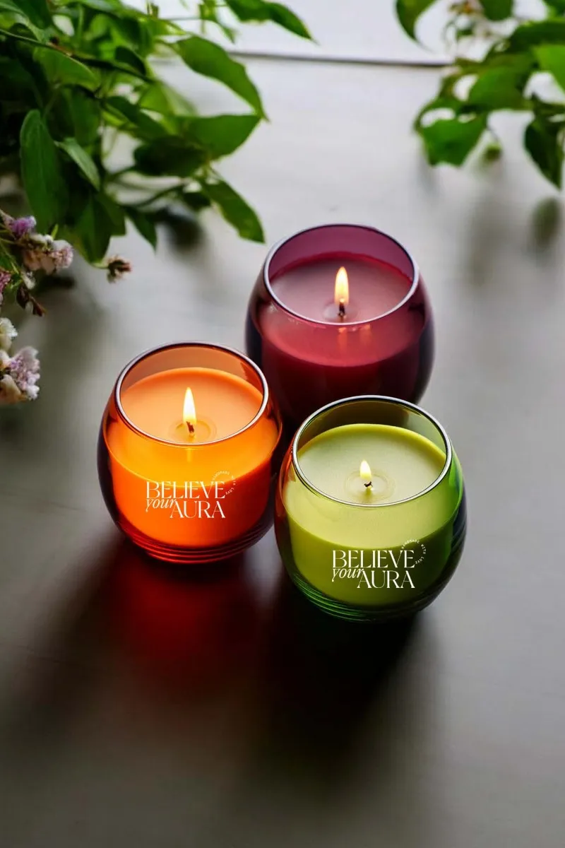 Believe Your Aura Lavanta - Sandal Ağacı - Vanilya Kokulu Mum 3'lü Set - %100 Doğal Soya Mumu - MBSBRD02810-KLSV