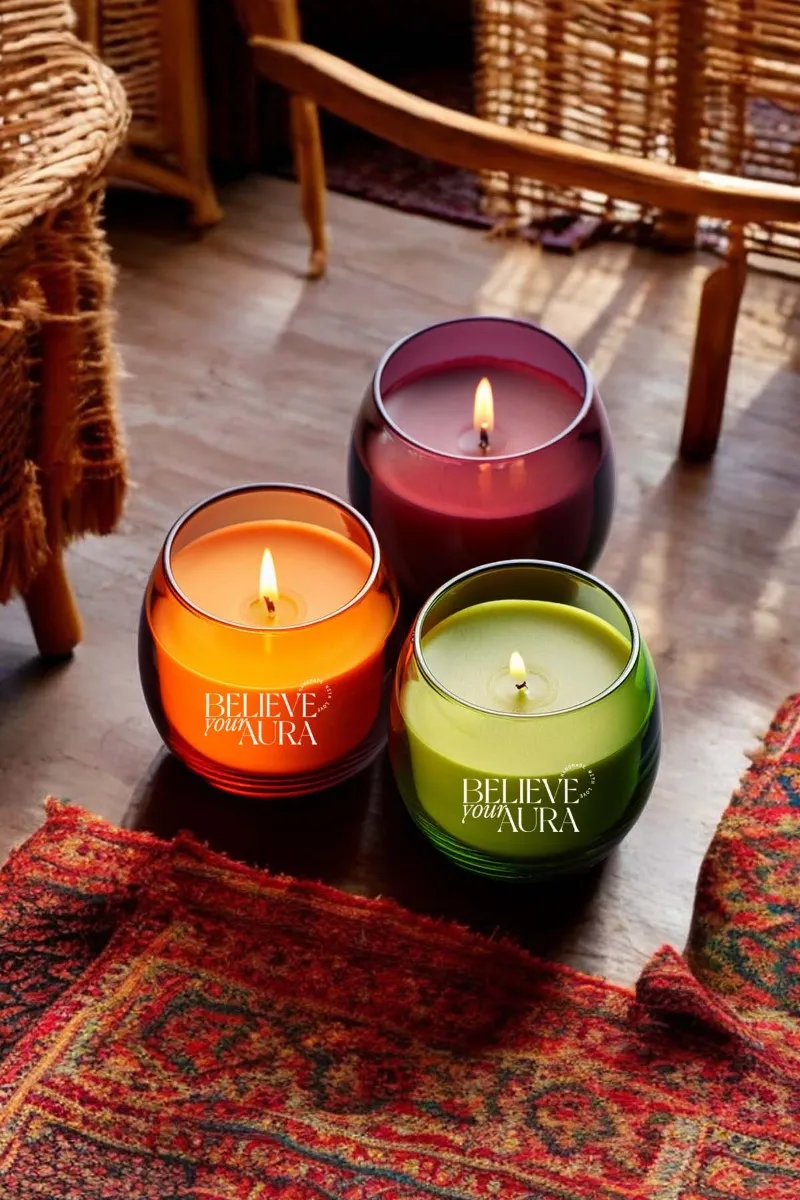 Believe Your Aura Lavanta - Sandal Ağacı - Vanilya Kokulu Mum 3'lü Set - %100 Doğal Soya Mumu - MBSBRD02810-KLSV