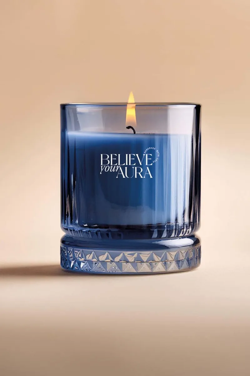 Believe Your Aura Pudra Kokulu Mum - %100 Doğal Soya Mumu Kristal Bardak Aromaterapi Kokulu Mum - MBSBRD03610-PDR