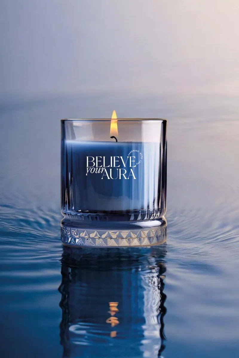 Believe Your Aura Pudra Kokulu Mum - %100 Doğal Soya Mumu Kristal Bardak Aromaterapi Kokulu Mum - MBSBRD03610-PDR