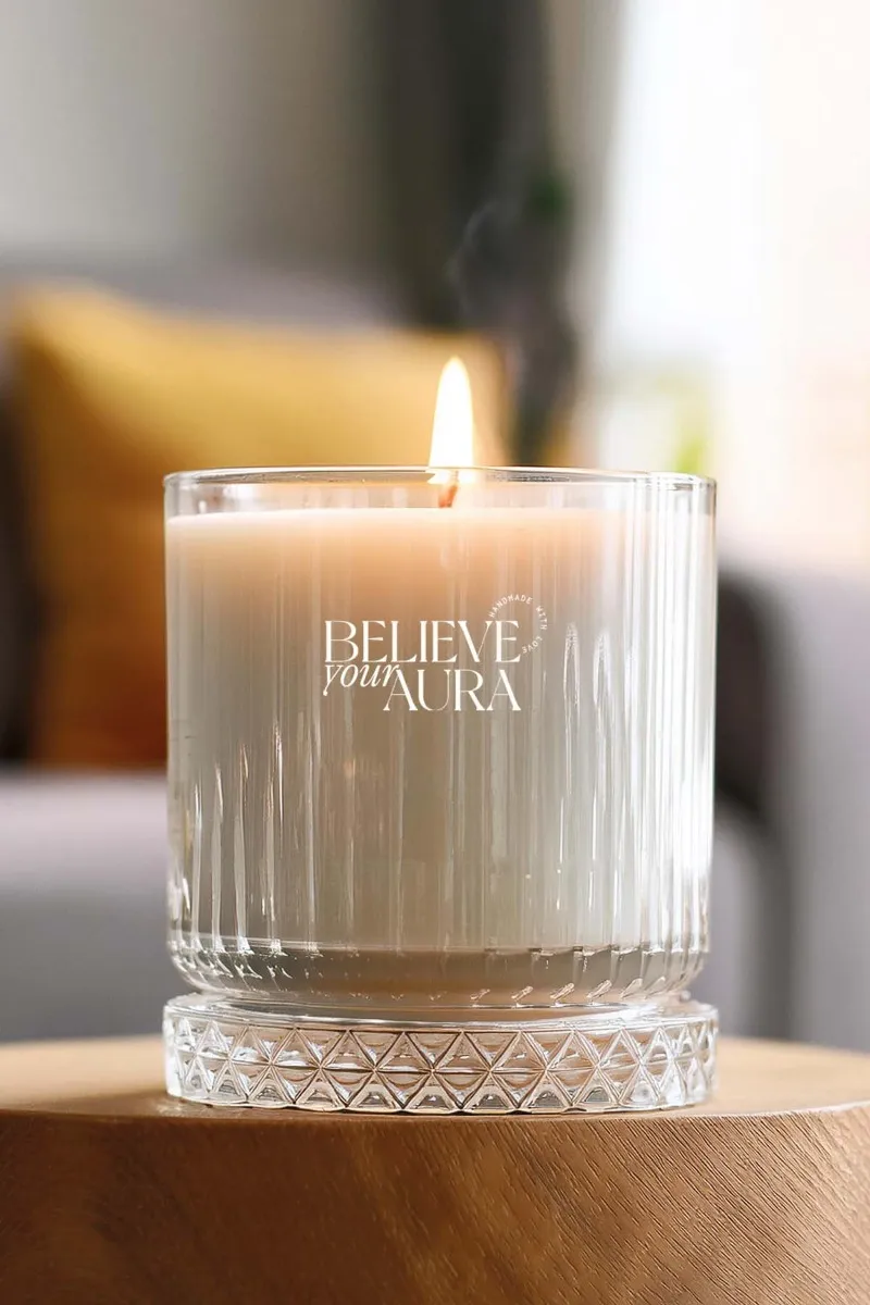 Believe Your Aura Pudra Kokulu Mum - %100 Doğal Soya Mumu Kristal Bardak Aromaterapi Kokulu Mum - MBSBRD03710-PDR