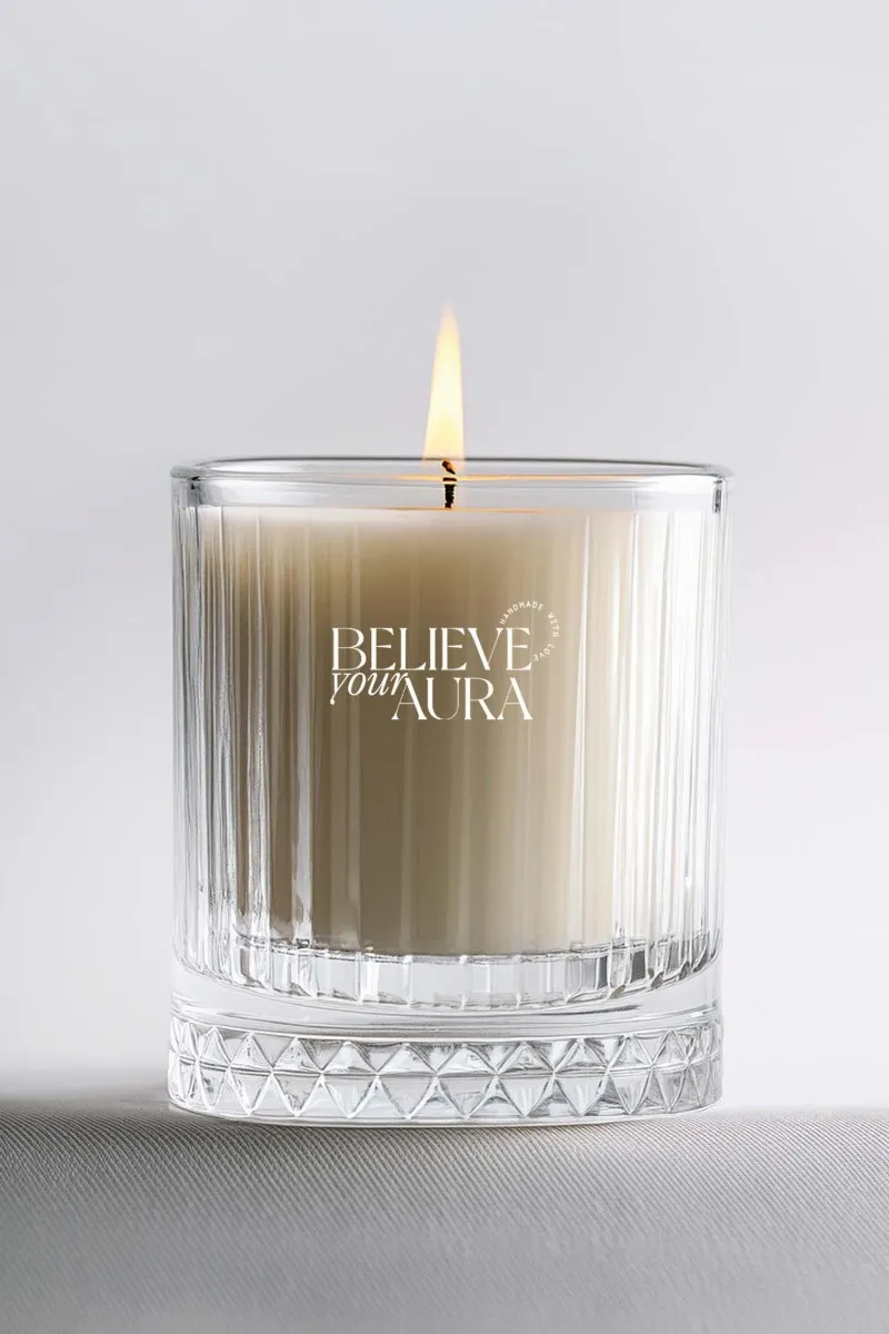 Believe Your Aura Pudra Kokulu Mum - %100 Doğal Soya Mumu Kristal Bardak Aromaterapi Kokulu Mum - MBSBRD03710-PDR