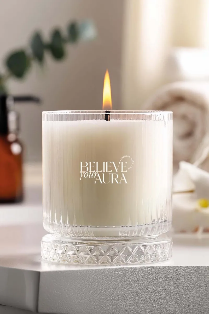 Believe Your Aura Vanilya Kokulu Mum - %100 Doğal Soya Mumu Kristal Bardak Aromaterapi Kokulu Mum -MBSBRD03710-VNL