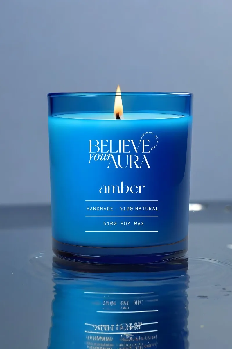 Believe Your Aura Natural Soya Mumu Amber Kokulu Mavi Bardak Mum - MBSBRD04310-AMB