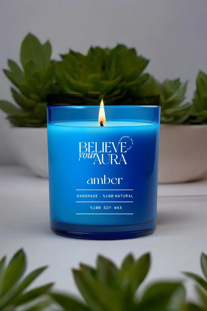 Believe Your Aura Natural Soya Mumu Amber Kokulu Mavi Bardak Mum - MBSBRD04310-AMB
