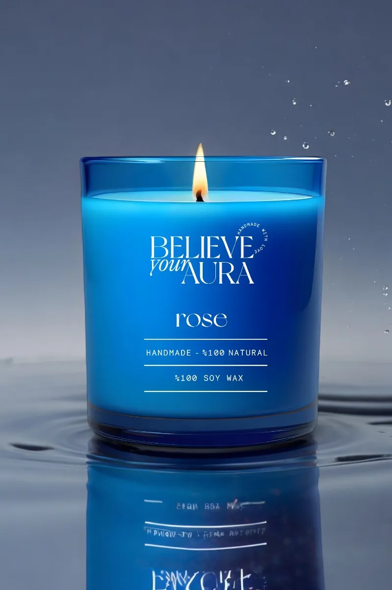 Believe Your Aura Natural Soya Mumu Gül Kokulu Mavi Bardak Mum - MBSBRD04310-GUL