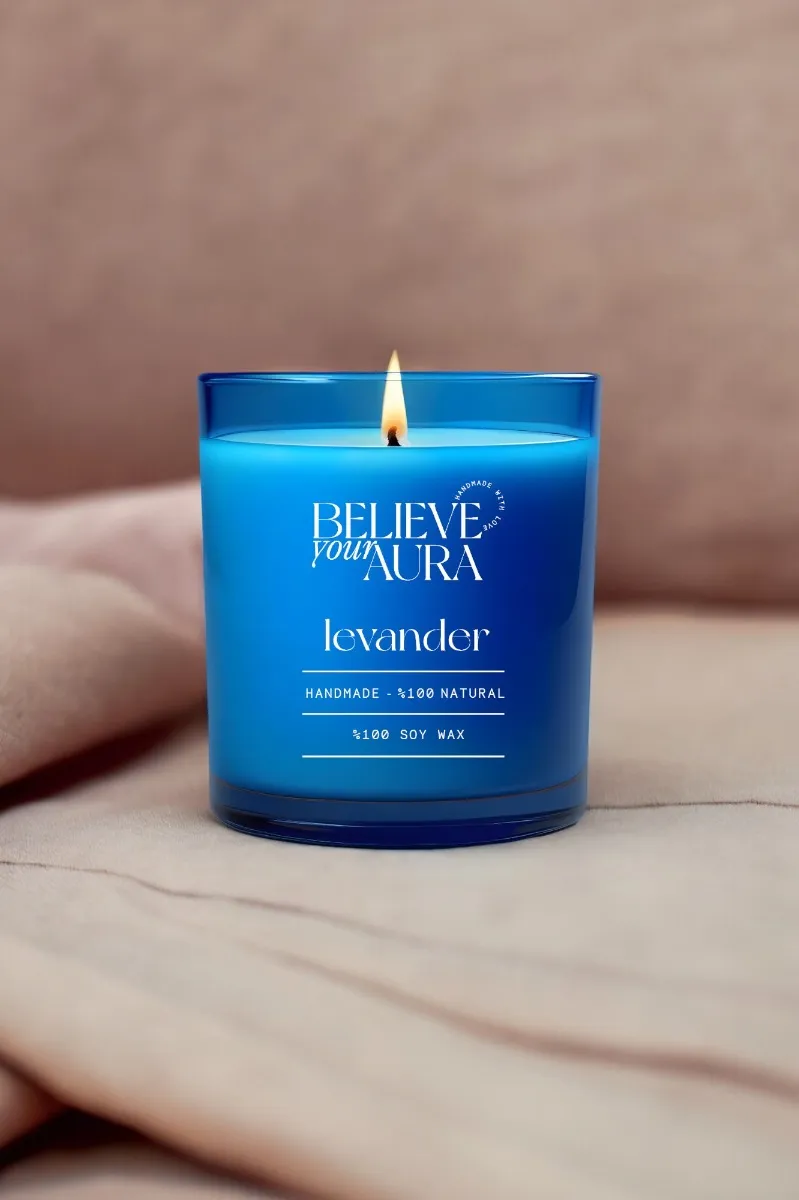 Believe Your Aura Natural Soya Mumu Lavanta Kokulu Mavi Bardak Mum - MBSBRD04310-LVN