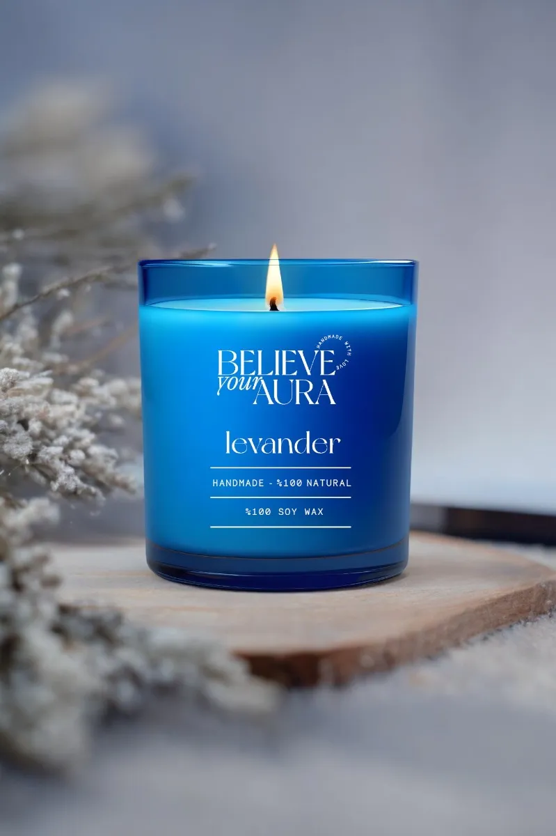 Believe Your Aura Natural Soya Mumu Lavanta Kokulu Mavi Bardak Mum - MBSBRD04310-LVN