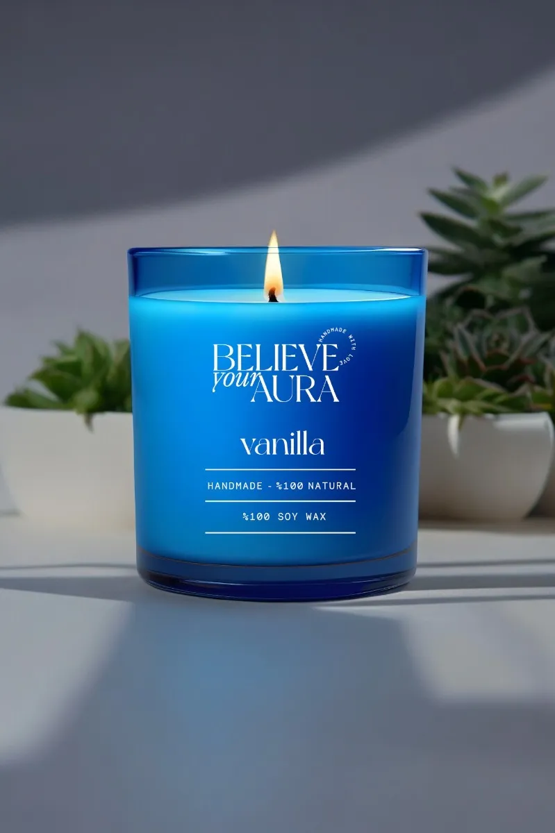 Believe Your Aura Natural Soya Mumu Vanilya Kokulu Mavi Bardak Mum - MBSBRD04310-VNL