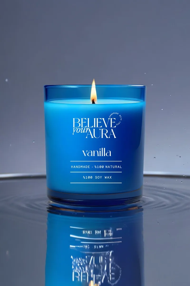 Believe Your Aura Natural Soya Mumu Vanilya Kokulu Mavi Bardak Mum - MBSBRD04310-VNL