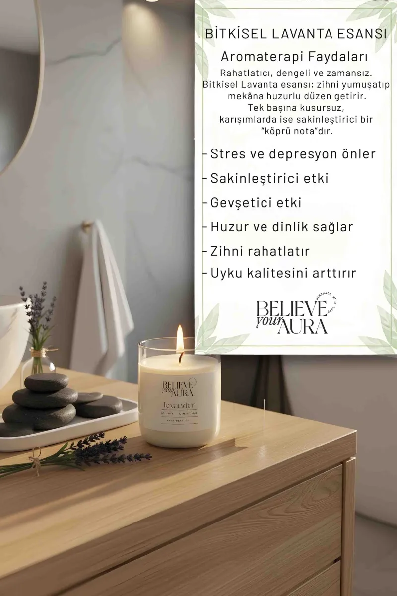 Believe Your Aura Lavanta Kokulu Bardak Mum - %100 Doğal Soya Mumu Aromaterapi Bardak Mum MBSBRD04510-LVN