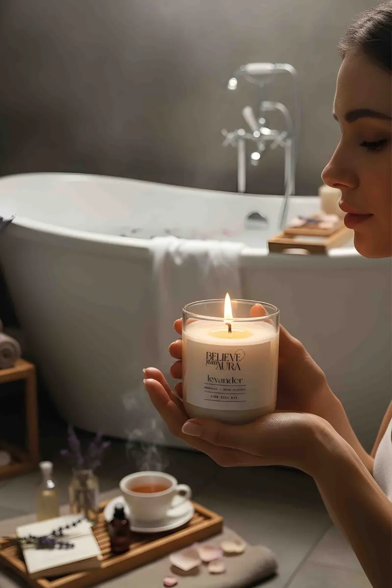 Believe Your Aura Lavanta Kokulu Bardak Mum - %100 Doğal Soya Mumu Aromaterapi Bardak Mum MBSBRD04510-LVN